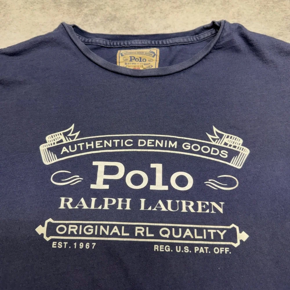 VTG Polo Ralph Lauren Authentic Denim Goods Mens Large Blue Graphic Logo T-Shirt